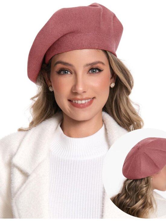 Women\'s French Style Double Layer Winter Autumn Warm Soft Beanie Hat Pink